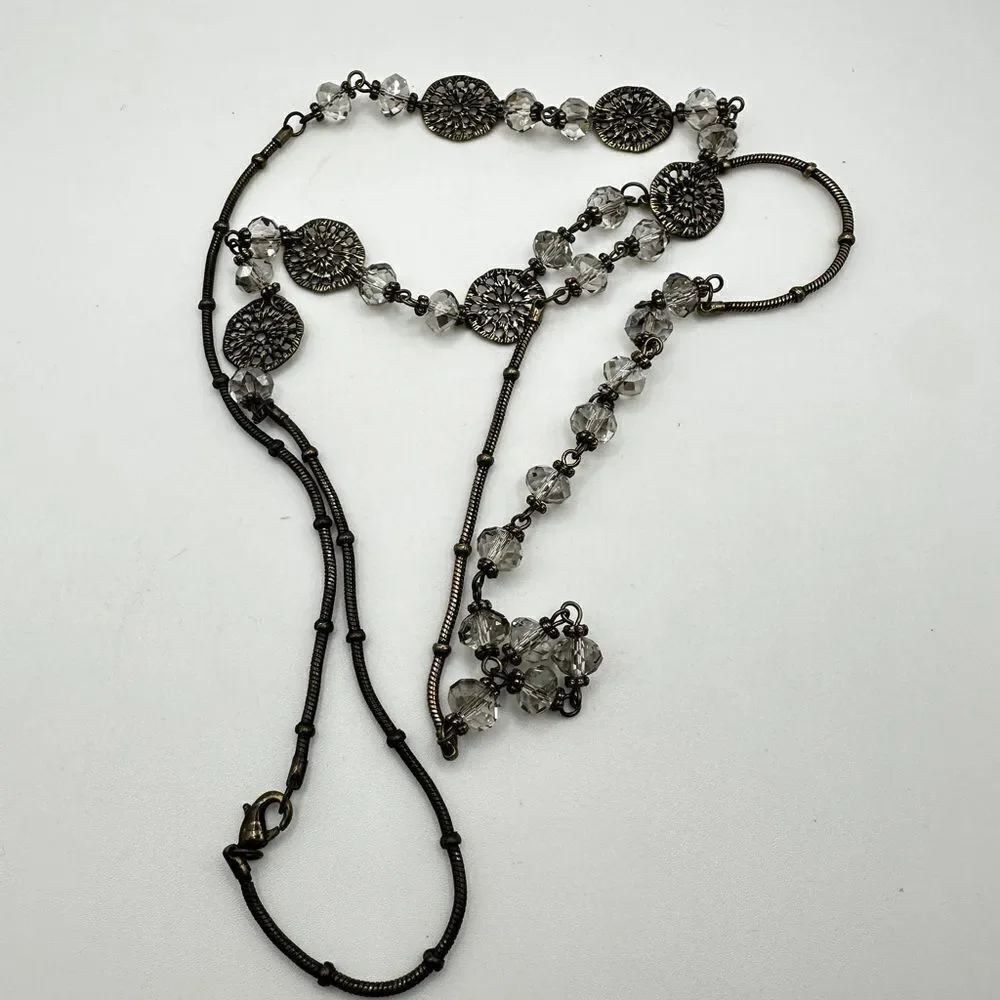 36” brass tone metal with glass‎ crystal beads, necklace!